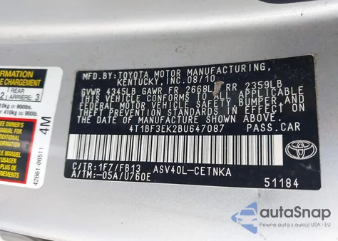 2011 Toyota Camry из США, поврежденный, VIN 4T1BF3EK2BU647087